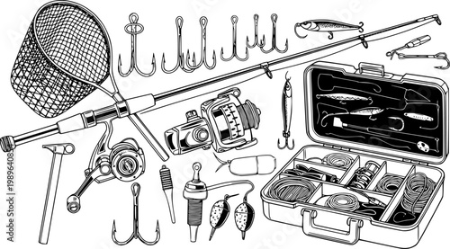 Line art close up fishing gear set with spinning rod reel hooks net and tackle box in black silhouette flat vector
