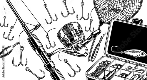 Line art close up fishing gear set with spinning rod reel hooks net and tackle box in black silhouette flat vector
