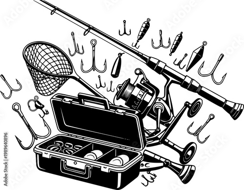 Line art close up fishing gear set with spinning rod reel hooks net and tackle box in black silhouette flat vector
