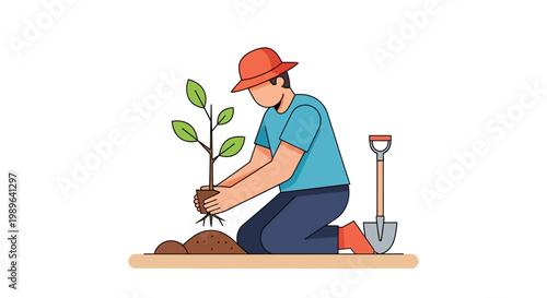 Illustration of a person planting a tree with a shovel nearby