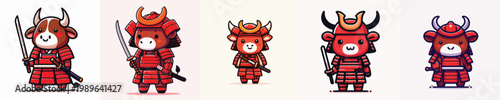 cute bull vector wearing samurai armor