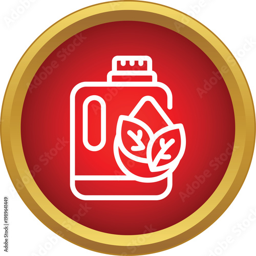 Outline icon showing a bio laundry detergent bottle with two green leaves
