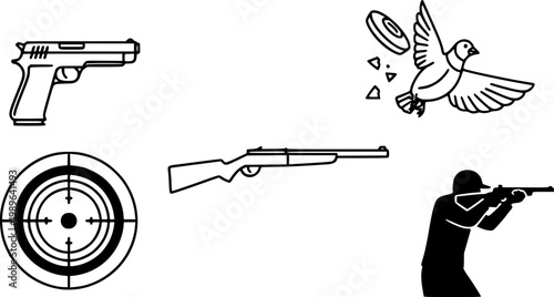Set of black line icons representing shooting sports and firearm activities, including a pistol, rifle, clay pigeon shooting, a target, and a person aiming a weapon