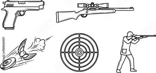 Set of black line icons representing shooting sports and firearm activities, including a pistol, rifle, clay pigeon shooting, a target, and a person aiming a weapon