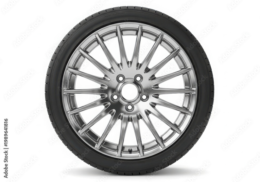 Obraz premium A close-up view of a silver alloy wheel with a black tire