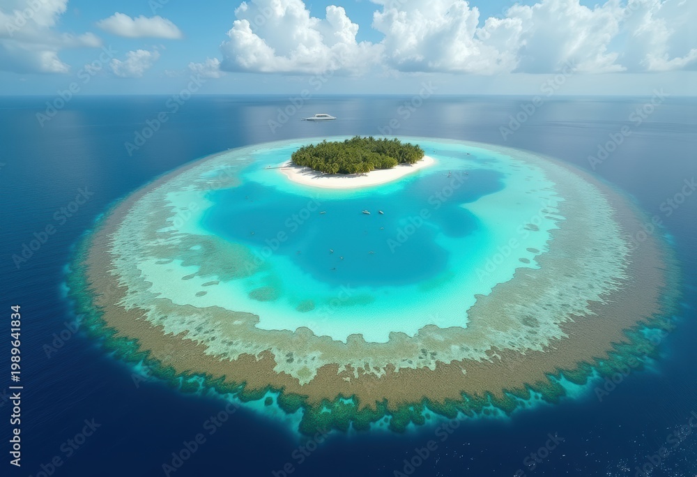 Obraz premium Exotic Coral Atoll Surrounding Radiant Lagoon Water Highlighting Tropical Ecosystem