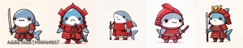 cute shark vector wearing samurai armor