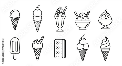 Set of delicious ice cream and frozen dessert icons in a line drawing style