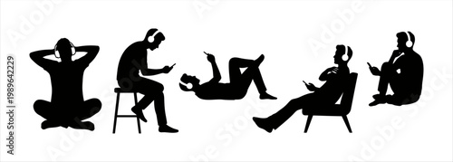 Silhouettes of individuals enjoying digital media and leisure with headphones