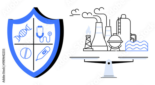 Health safety, environmental protection, industrial regulation, sustainability, balance, public health. A shield with healthcare symbols next to industrial facilities. Health safety and environmental