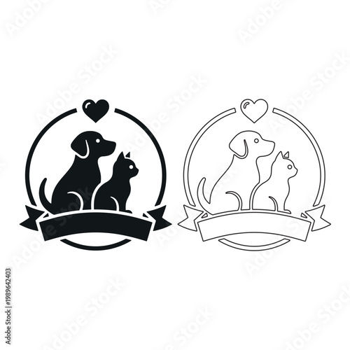 Circular emblem with dog, cat, heart, and banner in black and white