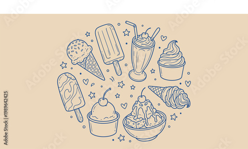 Delicious ice cream collection in a circle with various flavors and toppings