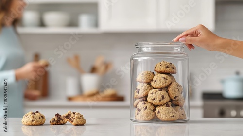 A cookie jar filled with oatmeal cookies on a kitchen counter