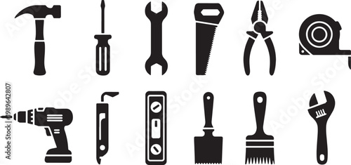 A collection of twelve black and white silhouette depicting various hand tools and power tools