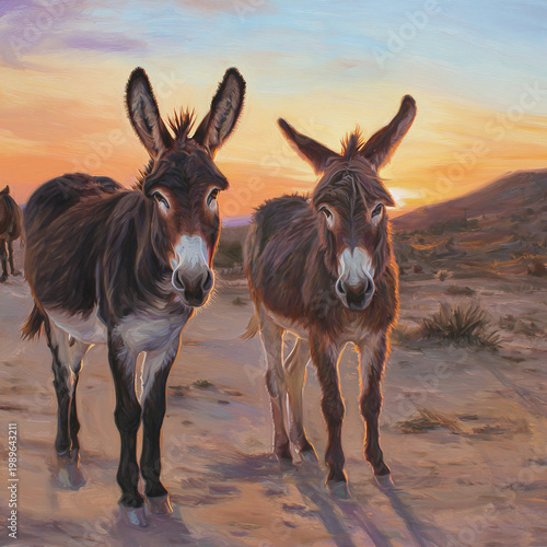 Two donkeys standing side by side against a vibrant sunset backdrop.