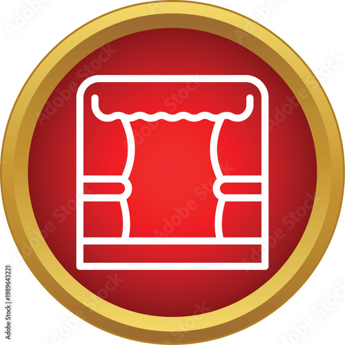 Theater stage outline with a closed curtain on a red circle with a gold border