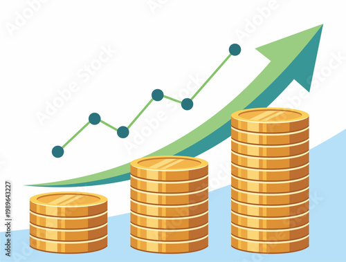 Financial Growth Chart with Stacked Gold Coins and Upward Arrow Investment Profit Concept Illustration