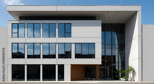 Modern three-story commercial building with reflective windows gray facade and minimalist design against a clear blue sky