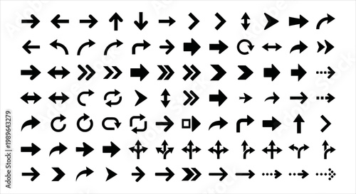 Varied black arrow icon compilation for web and graphic design, signifying movement