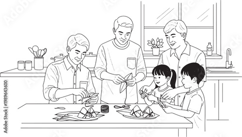 Multi-generational Asian Family Making Zongzi Together in a Modern Kitchen Line Art