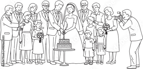Black and White Line Art Illustration of a Wedding Cake Cutting Ceremony
