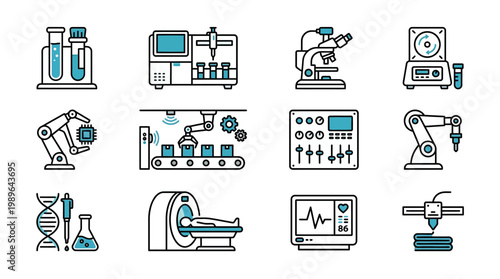 Collection of Blue and Black Outline Scientific and Medical Technology Icons, Including Lab Equipment, Robotics, and Advanced Imaging Systems