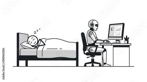 Man Sleeping Peacefully in Bed While Robot Efficiently Works on Computer at Desk in Bright Studio