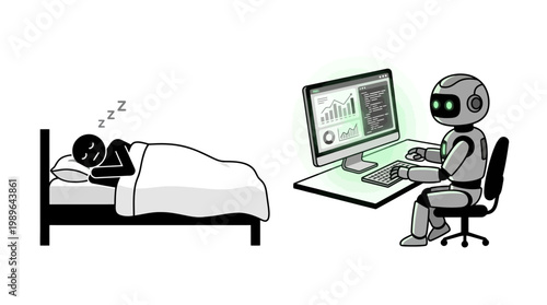 Stick figure person sleeping peacefully in bed, while robot works on computer with charts, showing automation and AI at home