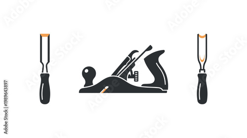 Essential Woodworking Tools Set Featuring a Traditional Wood Planer and Chisel on Isolated White Background