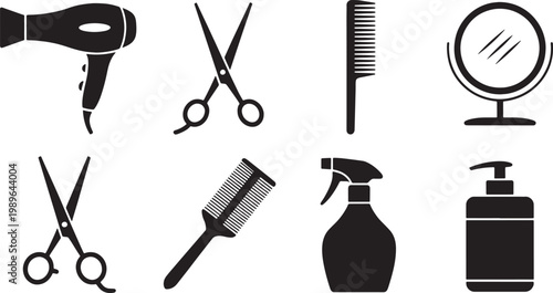 Black and white minimalist of hair salon tools and accessories hairdryer scissors