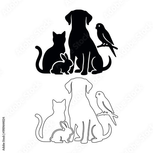 Group of dog, cat, rabbit, and bird silhouettes with outline version keywords: dog, cat, rabbit