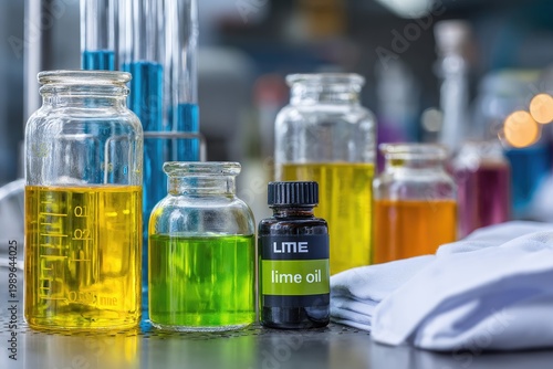 Close-up of colorful laboratory glassware with vibrant liquids and gloves, scientific research
