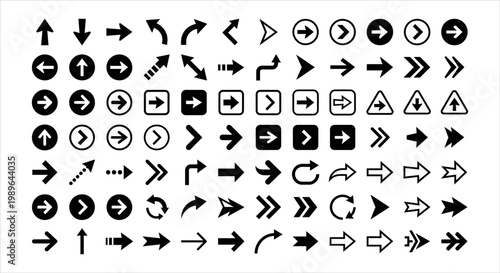 Collection of Black Arrows Icons on White Background, Graphic Design Elements