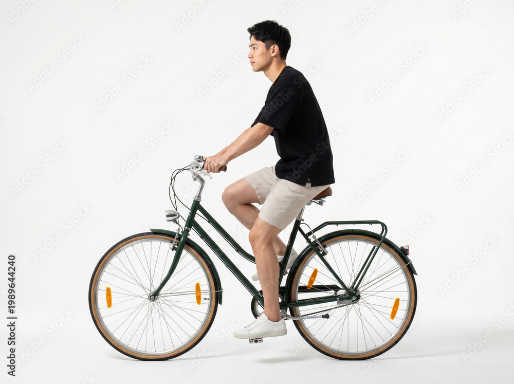 Obraz premium Young man in casual clothes riding a vintage dark green city bicycle, wearing black t-shirt and beige shorts, looking forward, side view full length, isolated on white background