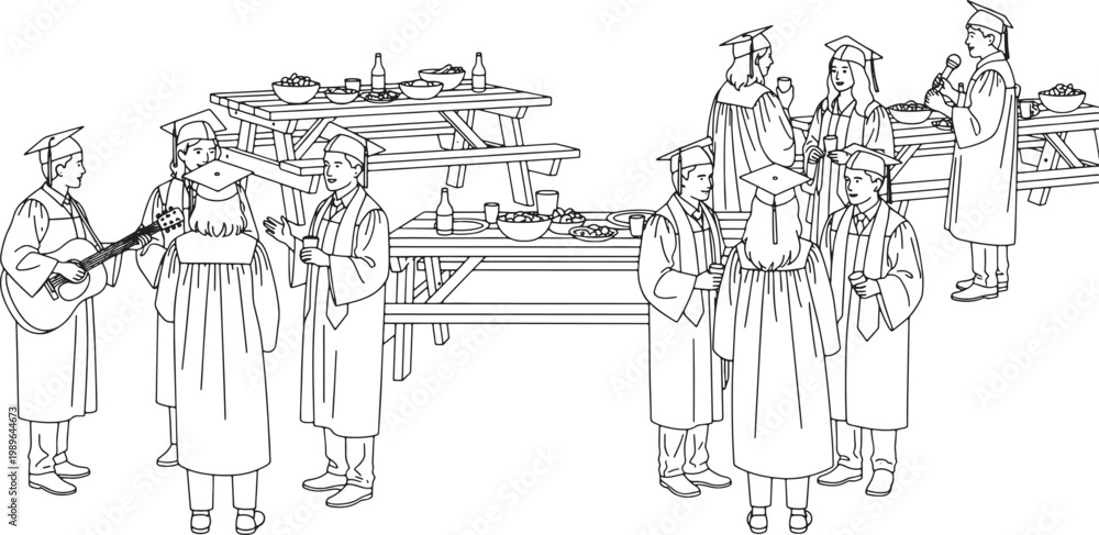 Obraz premium Graduation Party Celebration Line Art Illustration with Students in Caps and Gowns