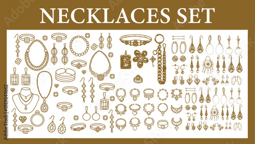 Vintage Jewelry Collection Vector Set: Hand-Drawn Sketch of Elegant Earrings, Necklaces, and Pendants – Antique Boho Style Bijouterie and Filigree Accessories for Fashion Branding and Luxury Design
