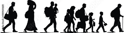 Black silhouettes of diverse people walking with luggage and a child bags
