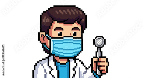 Pixel Art Dentist Holding Dental Tool Wearing Face Mask