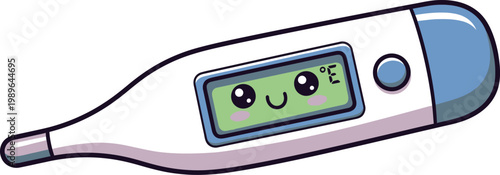 Digital thermometer vector illustration graphic design showing a cute kawaii cartoon face on its screen indicating a happy healthy temperature. This isolated medical device icon represents health meas