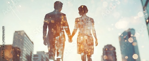 Silhouette of business man and woman holding hands with overlay of city skyline business people urban