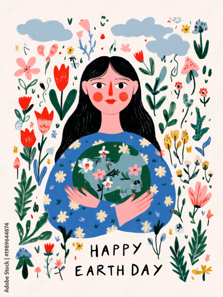Fototapeta premium Young woman holding Earth surrounded by flowers in soft textured style, emotional vector illustration for sustainability campaigns and Earth Day visuals