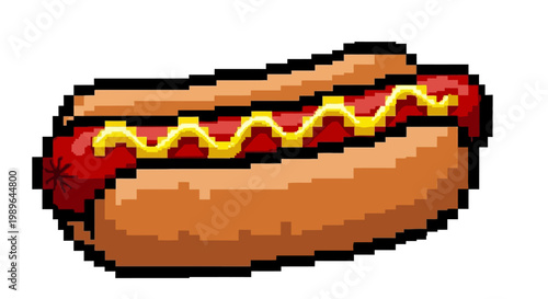 Pixel Art Hot Dog with Mustard - Retro Fast Food Graphic