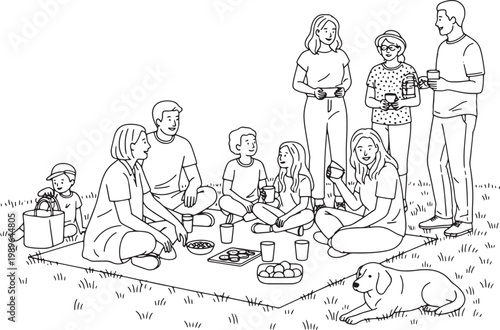Group of Happy Families Having a Picnic on Grass Vector Illustration