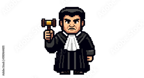 Pixel Art Judge Holding Gavel, Justice Symbol, Courtroom Illustration