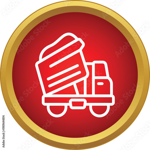 Outline icon representing a dump truck unloading materials on a red badge
