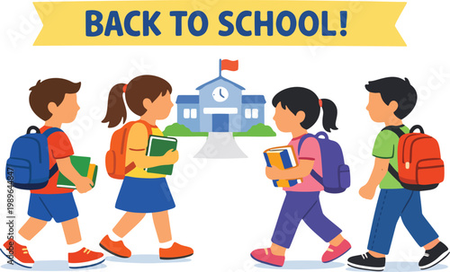 Back to school students walking with backpacks flat vector illustration