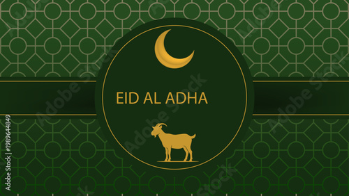 Eid Al adha template vector with seamless background line art with circle green inside. Green template vector wit goat and moon vector art.