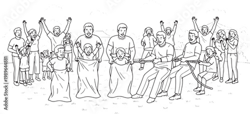 Group of Happy Families Participating in Outdoor Field Day Sack Race Games