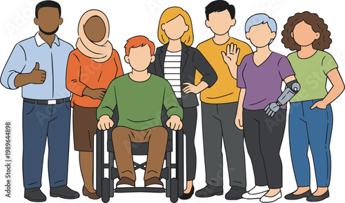 Diverse people group with wheelchair disability inclusion flat vector illustration
