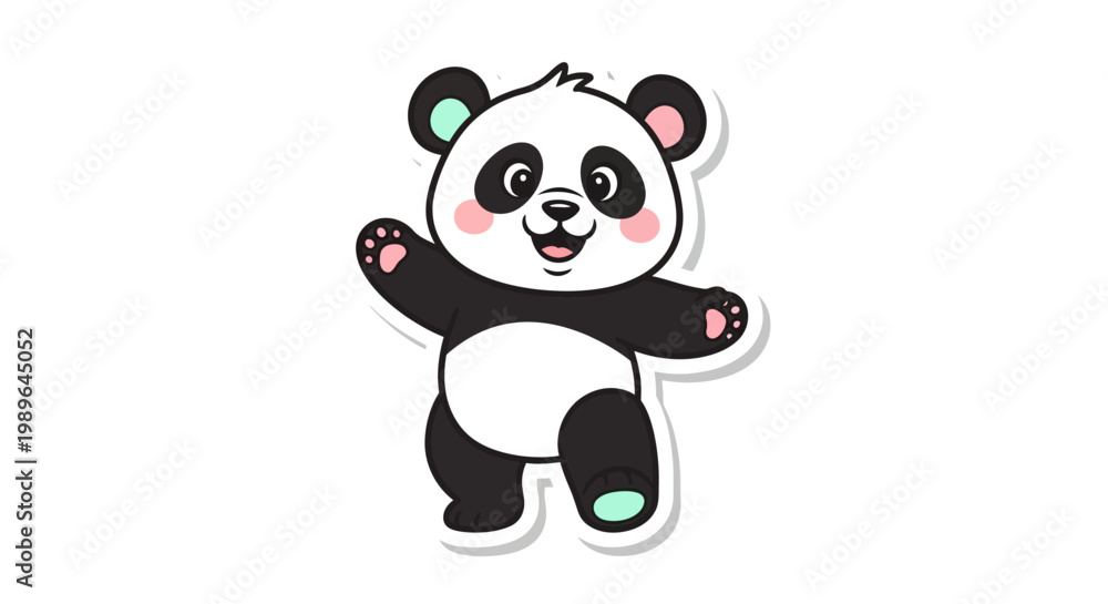 Naklejka premium Cute cartoon panda dancing happily with raised arms and smiling face